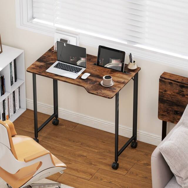 HOMCOM Small Writing Desk with Wheels, Folding Study Table in Brown - image 1