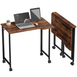 HOMCOM Small Writing Desk with Wheels, Folding Study Table in Brown - thumbnail 2