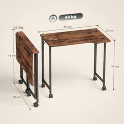HOMCOM Small Writing Desk with Wheels, Folding Study Table in Brown - thumbnail 3