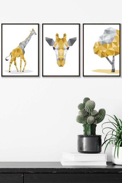 ARTZE Geometric Yellow Grey Giraffe Set Framed Wall Art - Medium in Black - Size: W45 cm x H62 cm x D20mm - image 1