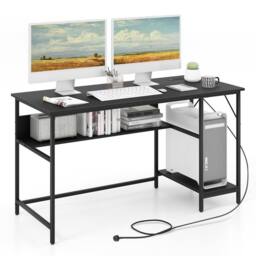 Costway 140 x 60 CM Computer Desk w/ Charging Station & 4 Power Outlets in Black - thumbnail 3