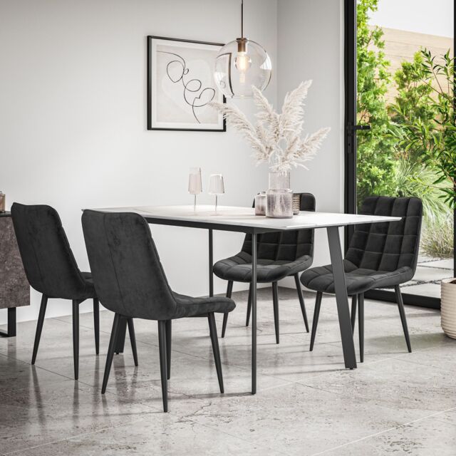 More4Homes Haydon Extending Dining Table & Chairs- White Marble Effect Table Top w Black Legs + Nova Velvet Dining Chair Set Of 4 - image 1