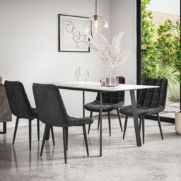 More4Homes Haydon Extending Dining Table & Chairs- White Marble Effect Table Top w Black Legs + Nova Velvet Dining Chair Set Of 4 - thumbnail 1