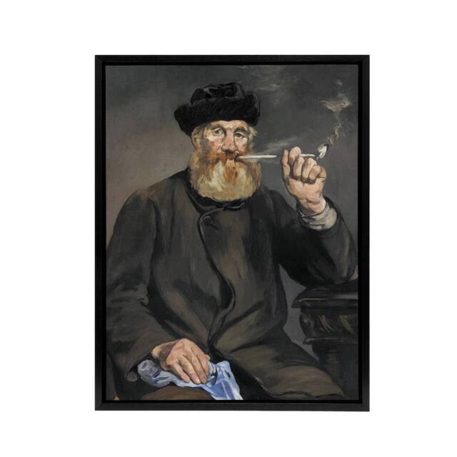 "Artery8 The Pipe Smoker Portrait Manet Vintage Black Framed Canvas Wall Art in Grey - Size: W12"" x H16""" - image 1