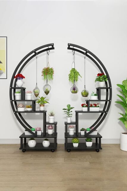 Living and Home 2pcs Half-Moon-Shaped Stand Display Shelf Plant Stand Bookshelf with Wheels in Black - image 1