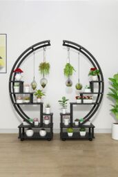 Living and Home 2pcs Half-Moon-Shaped Stand Display Shelf Plant Stand Bookshelf with Wheels in Black - thumbnail 1