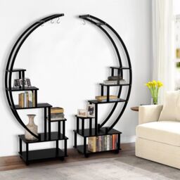 Living and Home 2pcs Half-Moon-Shaped Stand Display Shelf Plant Stand Bookshelf with Wheels in Black - thumbnail 4