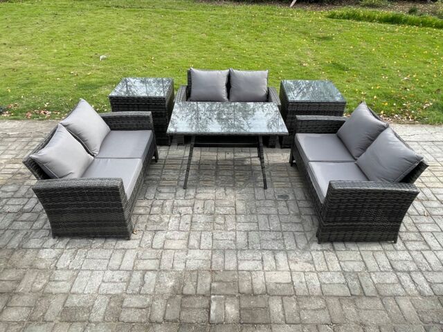 Fimous 6 PCS Outdoor Lounge Sofa Set Wicker PE Rattan Garden Furniture Set with Rectangular Dining Table Love Seat Sofa in Dark Grey - image 1