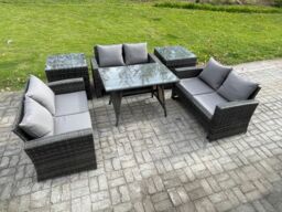 Fimous 6 PCS Outdoor Lounge Sofa Set Wicker PE Rattan Garden Furniture Set with Rectangular Dining Table Love Seat Sofa in Dark Grey - thumbnail 2