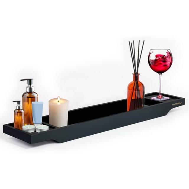 MANTRARAJ Bamboo Bath Caddy Tray Bridge Bath Tray Table Bathroom Shelf Organizer in Black