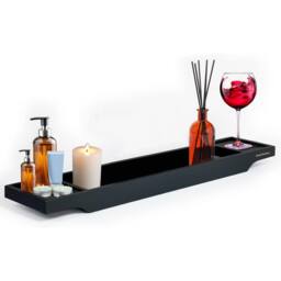 MANTRARAJ Bamboo Bath Caddy Tray Bridge Bath Tray Table Bathroom Shelf Organizer in Black - thumbnail 1
