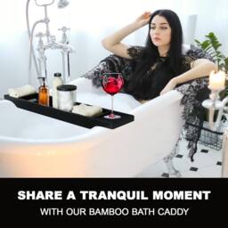 MANTRARAJ Bamboo Bath Caddy Tray Bridge Bath Tray Table Bathroom Shelf Organizer in Black - thumbnail 4