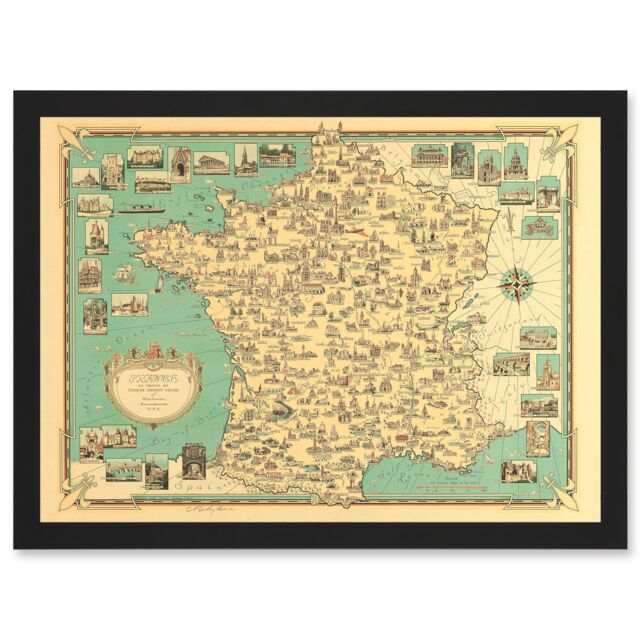 Artery8 Chase 1935 Pictorial Map France Historic Monuments Buildings Artwork Framed Wall Art Print A4 in Black - image 1