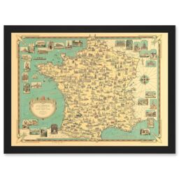 Artery8 Chase 1935 Pictorial Map France Historic Monuments Buildings Artwork Framed Wall Art Print A4 in Black - thumbnail 1