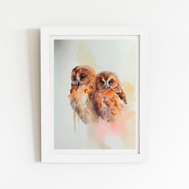 "Warren Reed - Designer Loving Tawny Owls Watercolour Framed Art Print in White - Size: W24"" x H36""" - image 1