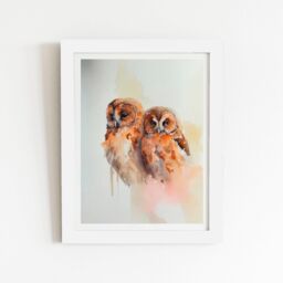 "Warren Reed - Designer Loving Tawny Owls Watercolour Framed Art Print in White - Size: W24"" x H36""" - thumbnail 1