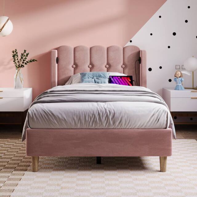 Merax Upholstered Bed with Type-C & USB Charging Ports Headboard in Pink - Size: Single - image 1