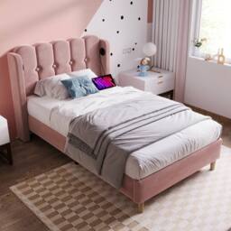 Merax Upholstered Bed with Type-C & USB Charging Ports Headboard in Pink - Size: Single - thumbnail 8