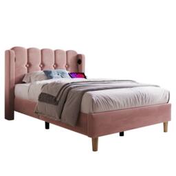 Merax Upholstered Bed with Type-C & USB Charging Ports Headboard in Pink - Size: Single - thumbnail 6