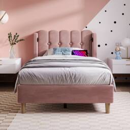 Merax Upholstered Bed with Type-C & USB Charging Ports Headboard in Pink - Size: Single - thumbnail 1