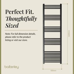 Balterley Straight Heated Towel Rail Radiator, 906W, 500 x 1600mm, Matt Black - thumbnail 5