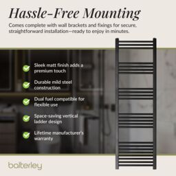Balterley Straight Heated Towel Rail Radiator, 906W, 500 x 1600mm, Matt Black - thumbnail 4