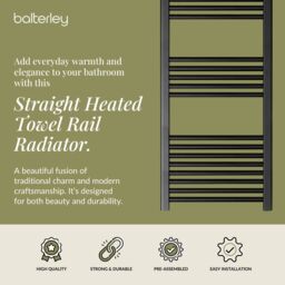 Balterley Straight Heated Towel Rail Radiator, 906W, 500 x 1600mm, Matt Black - thumbnail 2