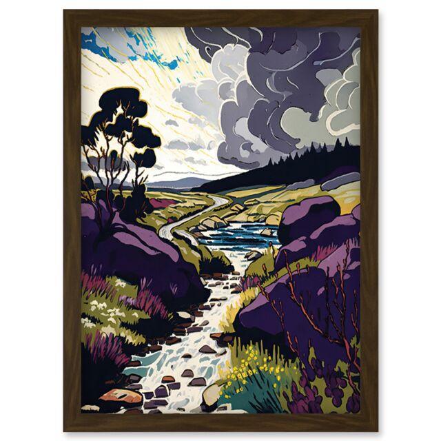 Artery8 Stormy Clouds over Stream Wild Scottish Landscape Artwork Framed Wall Art Print A4 in Brown - image 1