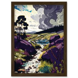 Artery8 Stormy Clouds over Stream Wild Scottish Landscape Artwork Framed Wall Art Print A4 in Brown - thumbnail 1