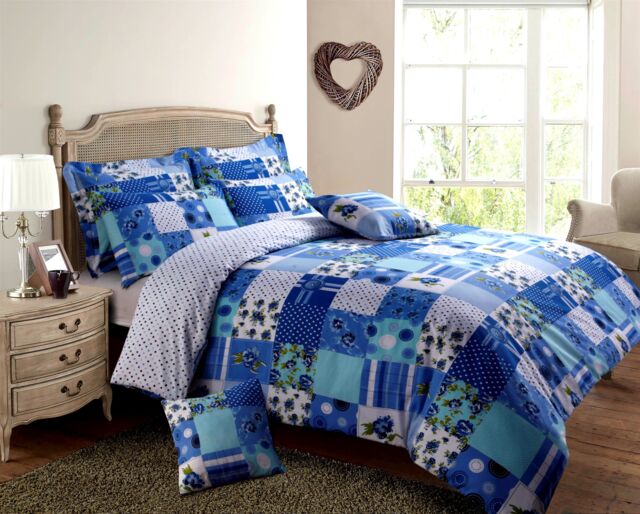 Velosso Stitch Trail Patchwork Cotton Rich Printed Duvet Cover & Pillowcase Set in Blue - Size: Double - image 1