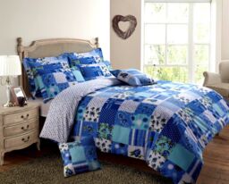 Velosso Stitch Trail Patchwork Cotton Rich Printed Duvet Cover & Pillowcase Set in Blue - Size: Double - thumbnail 1