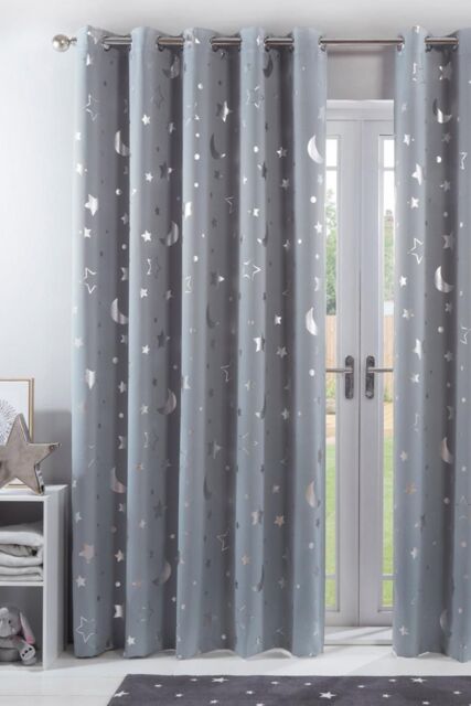 OHS Pair of Star Ready Made Eyelet Blackout Curtains in Light Grey - Size: 117 cm width x 183 cm drop - image 1