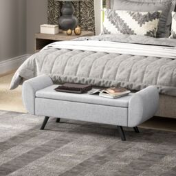 HOMCOM Storage Ottoman with Armrest, Upholstered Linen Storage Bench in Light Grey - thumbnail 1