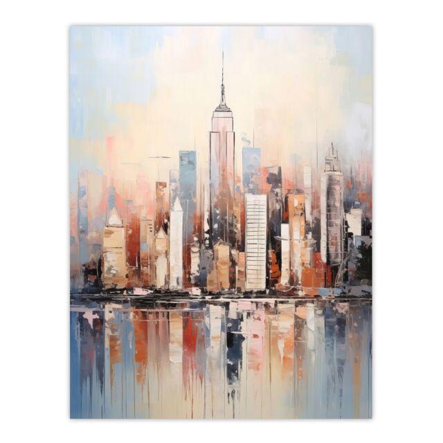 "Artery8 Wall Art Print Manhattan Skyscraper Reflections Oil Painting By M Hinge Thick Oils Subtle Pastel Colours Artwork Poster - Size: W12"" x H16""" - image 1