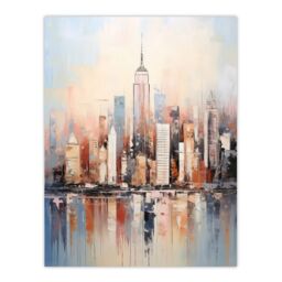 "Artery8 Wall Art Print Manhattan Skyscraper Reflections Oil Painting By M Hinge Thick Oils Subtle Pastel Colours Artwork Poster - Size: W12"" x H16""" - thumbnail 1