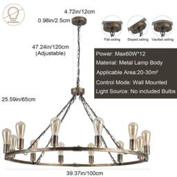 NIVOR 12 E27 Light Waggon Wheel Kitchen Chandelier Adjustable Pendant in Bronze - thumbnail 2