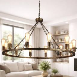NIVOR 12 E27 Light Waggon Wheel Kitchen Chandelier Adjustable Pendant in Bronze - thumbnail 1