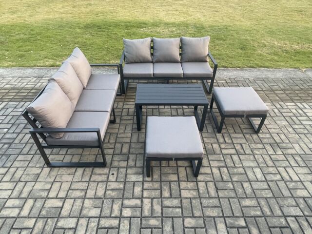 Fimous Aluminium Patio Outdoor Garden Furniture Lounge Sofa Set with Oblong Coffee Table 2 Big Footstools Dark Grey - image 1