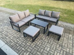 Fimous Aluminium Patio Outdoor Garden Furniture Lounge Sofa Set with Oblong Coffee Table 2 Big Footstools Dark Grey - thumbnail 2
