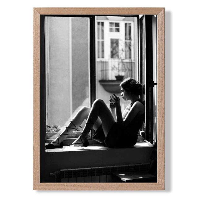 ARTZE Girl in Window Fashion Black & White Photo Framed Print SIZE: A2 with Oak Frame - Size: A4 - image 1