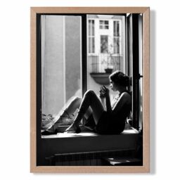 ARTZE Girl in Window Fashion Black & White Photo Framed Print SIZE: A2 with Oak Frame - Size: A4 - thumbnail 1