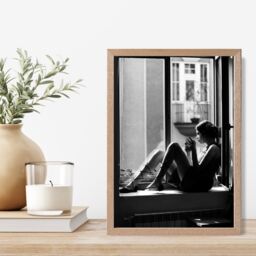ARTZE Girl in Window Fashion Black & White Photo Framed Print SIZE: A2 with Oak Frame - Size: A4 - thumbnail 2