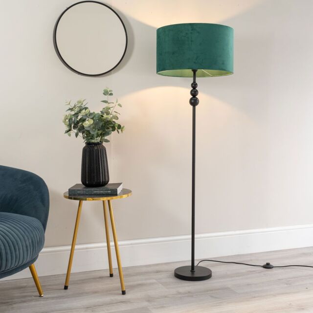 ValueLights Marissa Velvet Drum Shade with Black Stacked Ball Floor Lamp in Bottle Green - image 1