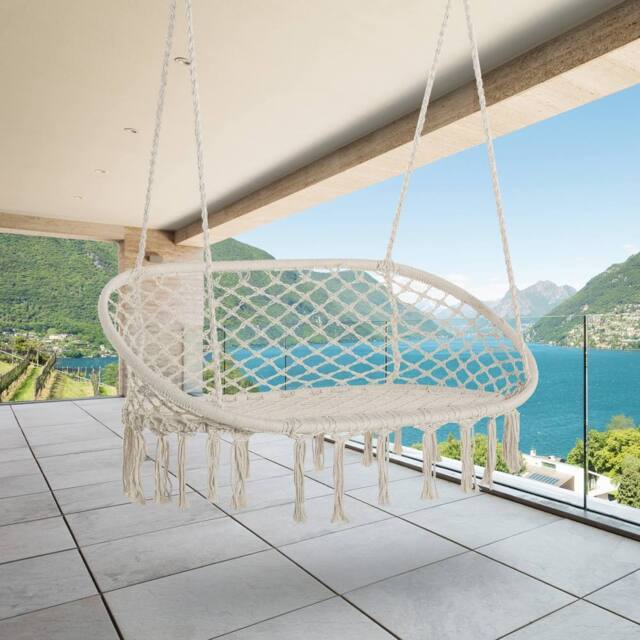 OUTSUNNY Hanging Hammock Chair Macrame Seat for Patio Garden Yard Cream White - image 1