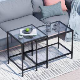 Huhote Nesting Tables 2 Set Glass Top Metal Frame End Table for Living Room in Black - thumbnail 1