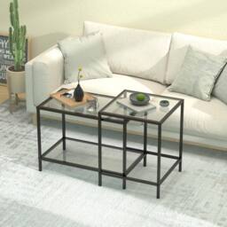Huhote Nesting Tables 2 Set Glass Top Metal Frame End Table for Living Room in Black - thumbnail 3