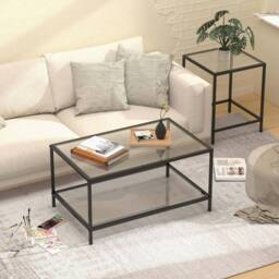 Huhote Nesting Tables 2 Set Glass Top Metal Frame End Table for Living Room in Black - thumbnail 5