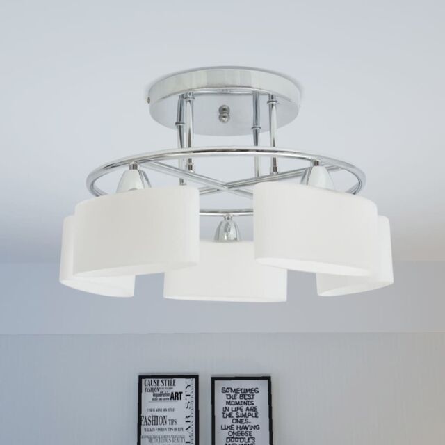 Berkfield Home Ceiling Lamp with Ellipsoid Glass Shades for 5 E14 Bulbs 200 W in White - image 1
