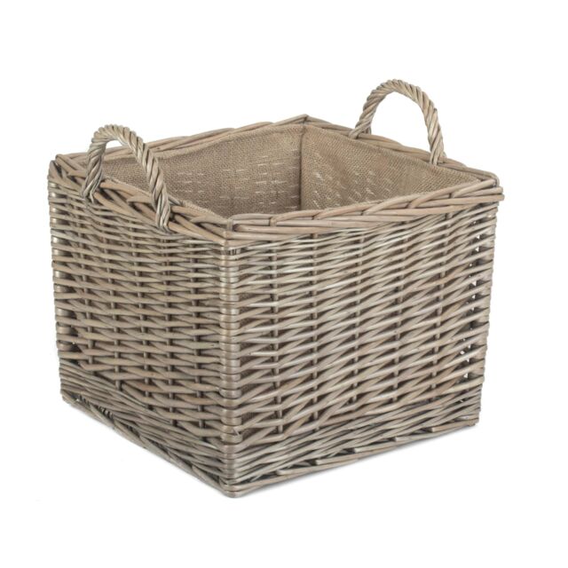 Red Hamper Wicker Antique Wash Square Hessian Lined Log Basket in Brown - image 1