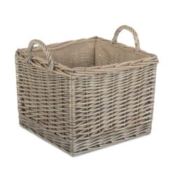 Red Hamper Wicker Antique Wash Square Hessian Lined Log Basket in Brown